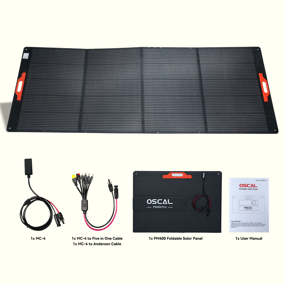 Panel solar desplegado con cables, adaptador y manual.