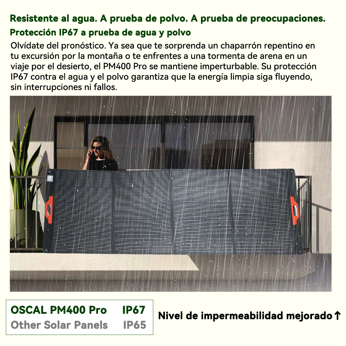 Mujer habla por teléfono frente a panel solar plegable bajo lluvia.