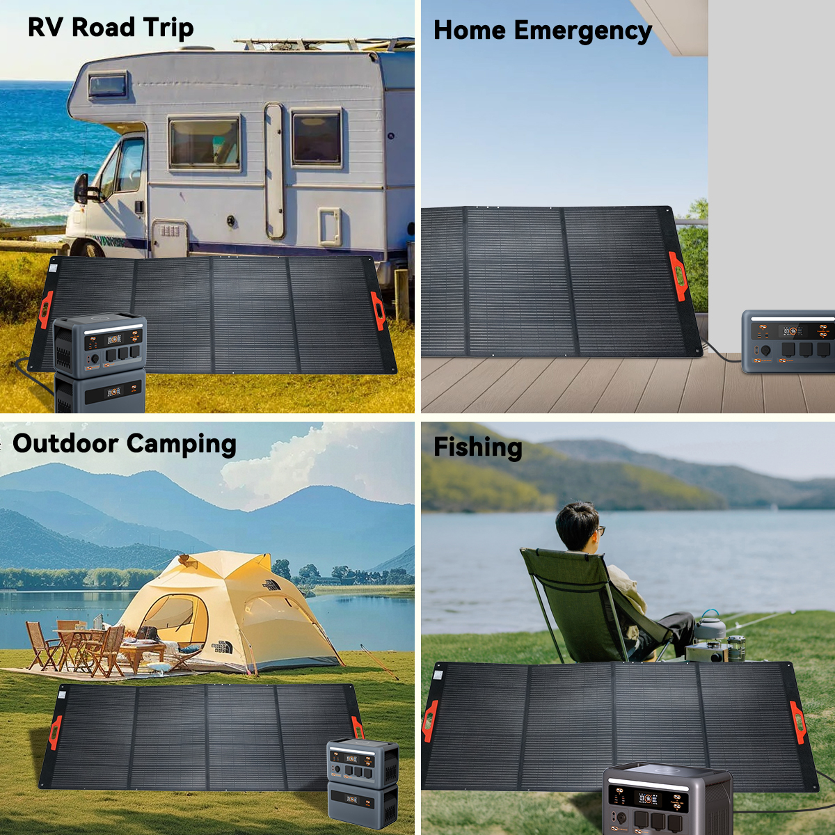 Cuatro escenas: RV, emergencia, camping, pesca. Paneles solares y estaciones de energía.