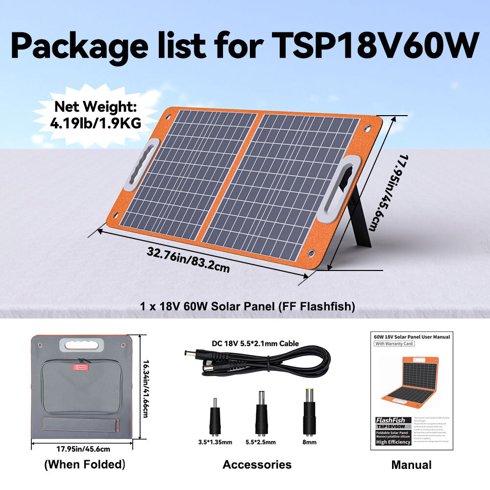 Lista de paquete: Panel solar 18V 60W, bolsa plegada, cable, adaptadores y manual.