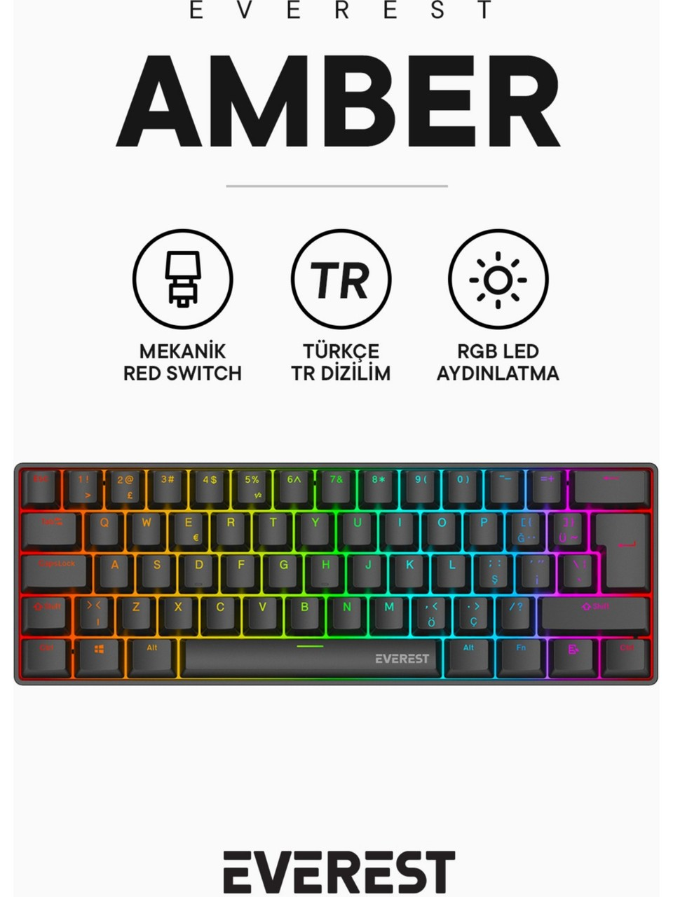 Kompakt, siyah, RGB aydınlatmalı, Türkçe tuş düzenine sahip oyuncu klavyesi.