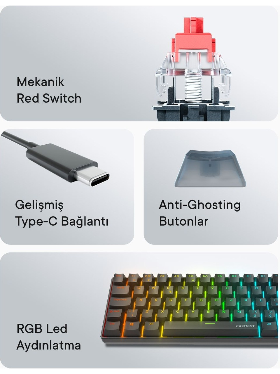 Mekanik kırmızı anahtar, Type-C bağlantı, Anti-ghosting tuşlar, RGB LED aydınlatma.