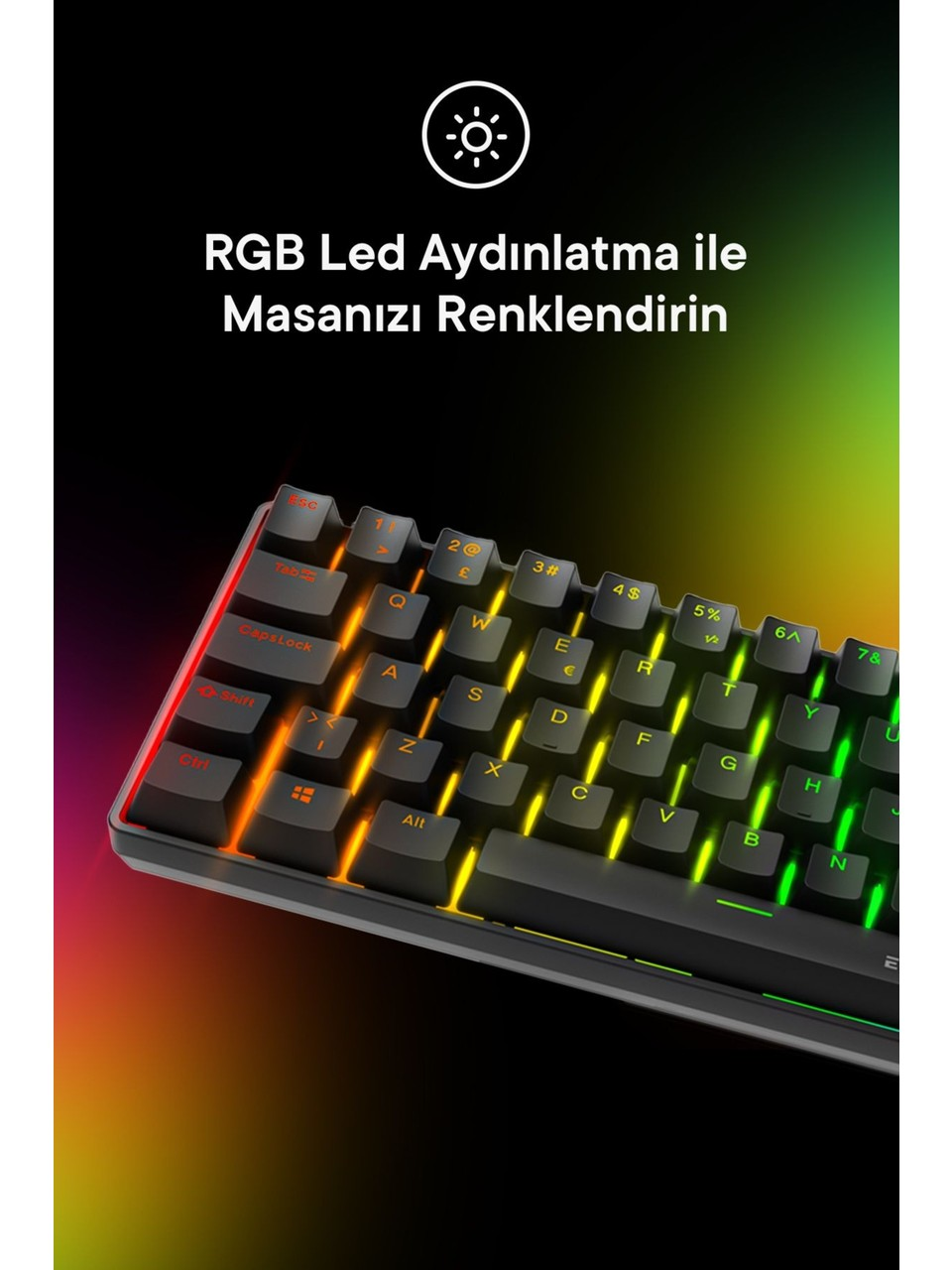 Sarı, turuncu ve yeşil tonlarda RGB aydınlatmalı siyah klavye.