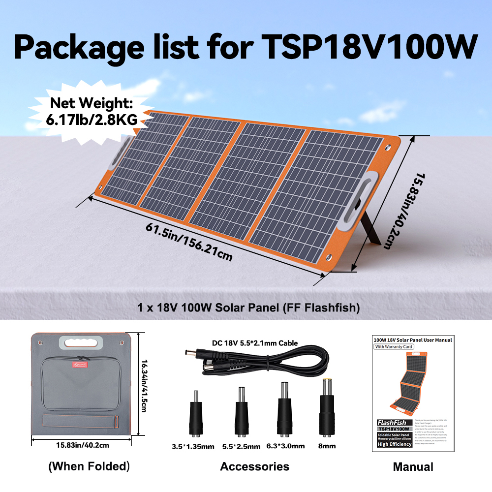 Kit de panel solar con accesorios: desplegado, plegado, cables, adaptadores y manual.