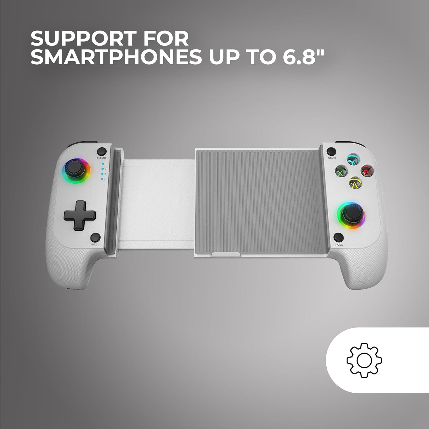 Ein weißer Smartphone-Controller mit Regenbogen-Akzenten und Tasten.