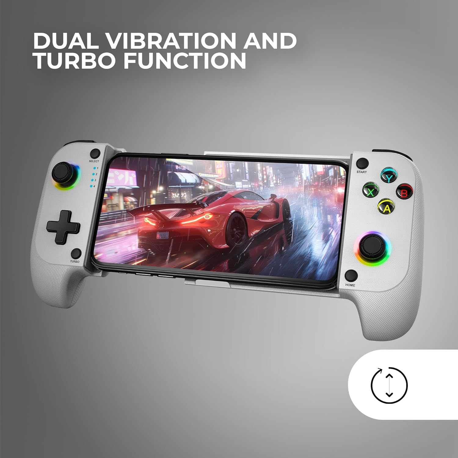 Ein weißer Controller hält ein Smartphone mit einem Rennspiel. Text: DUAL VIBRATION AND TURBO FUNCTION.