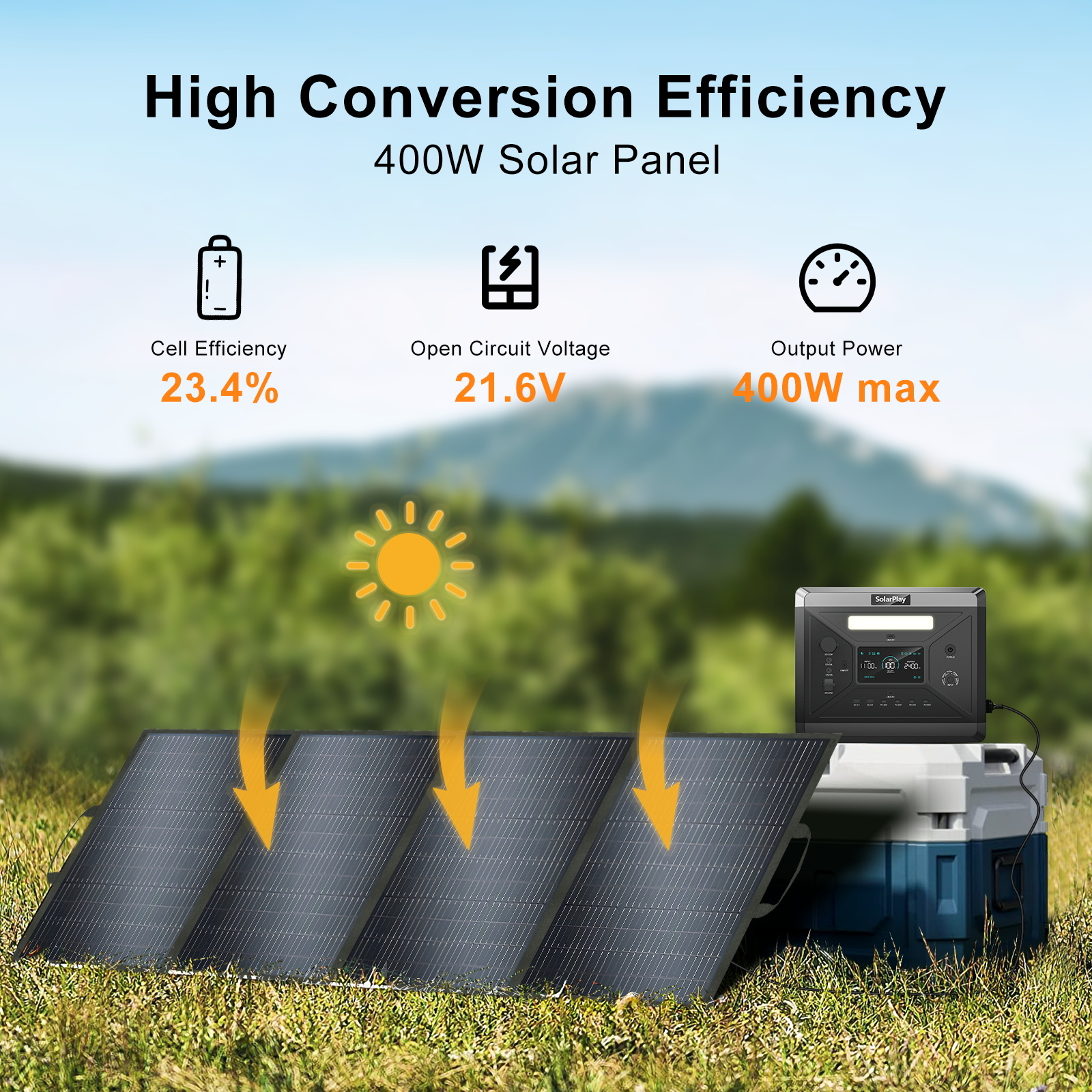 Panel solar de 400W con medidor de potencia, nevera y sol.