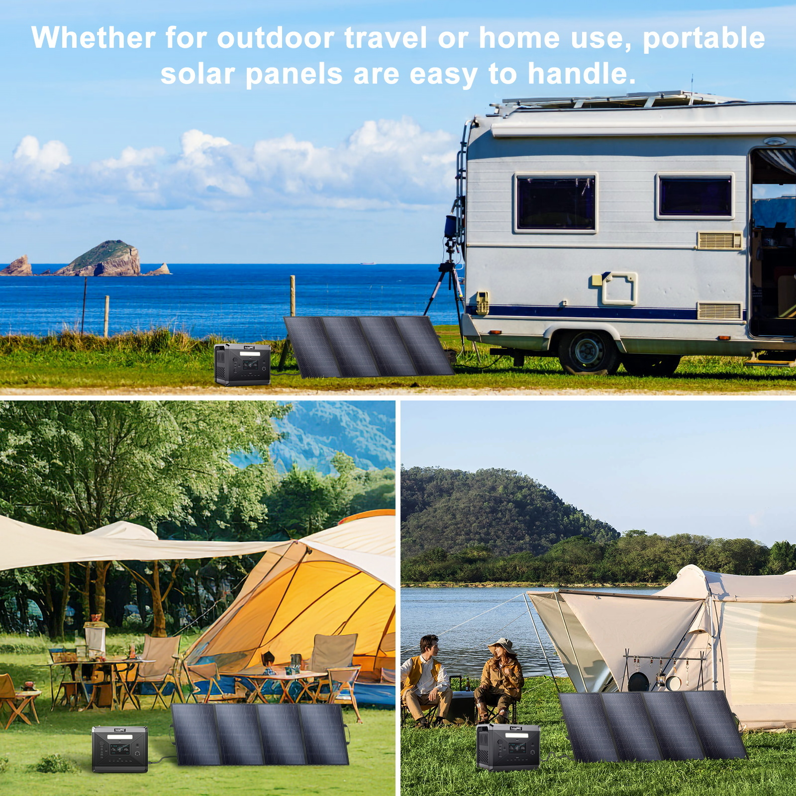 Una autocaravana junto al mar, paneles solares y generador.