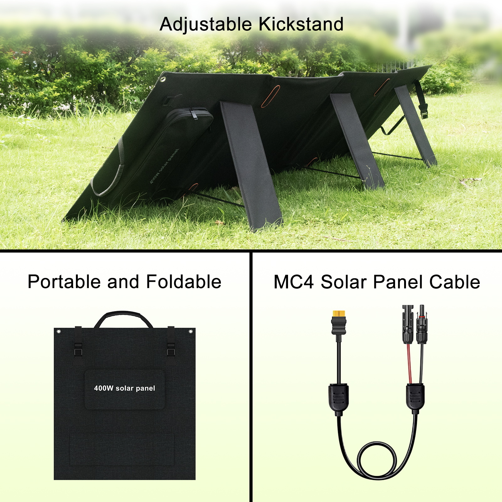 Un panel solar desplegado con soporte, un panel plegado y un cable.