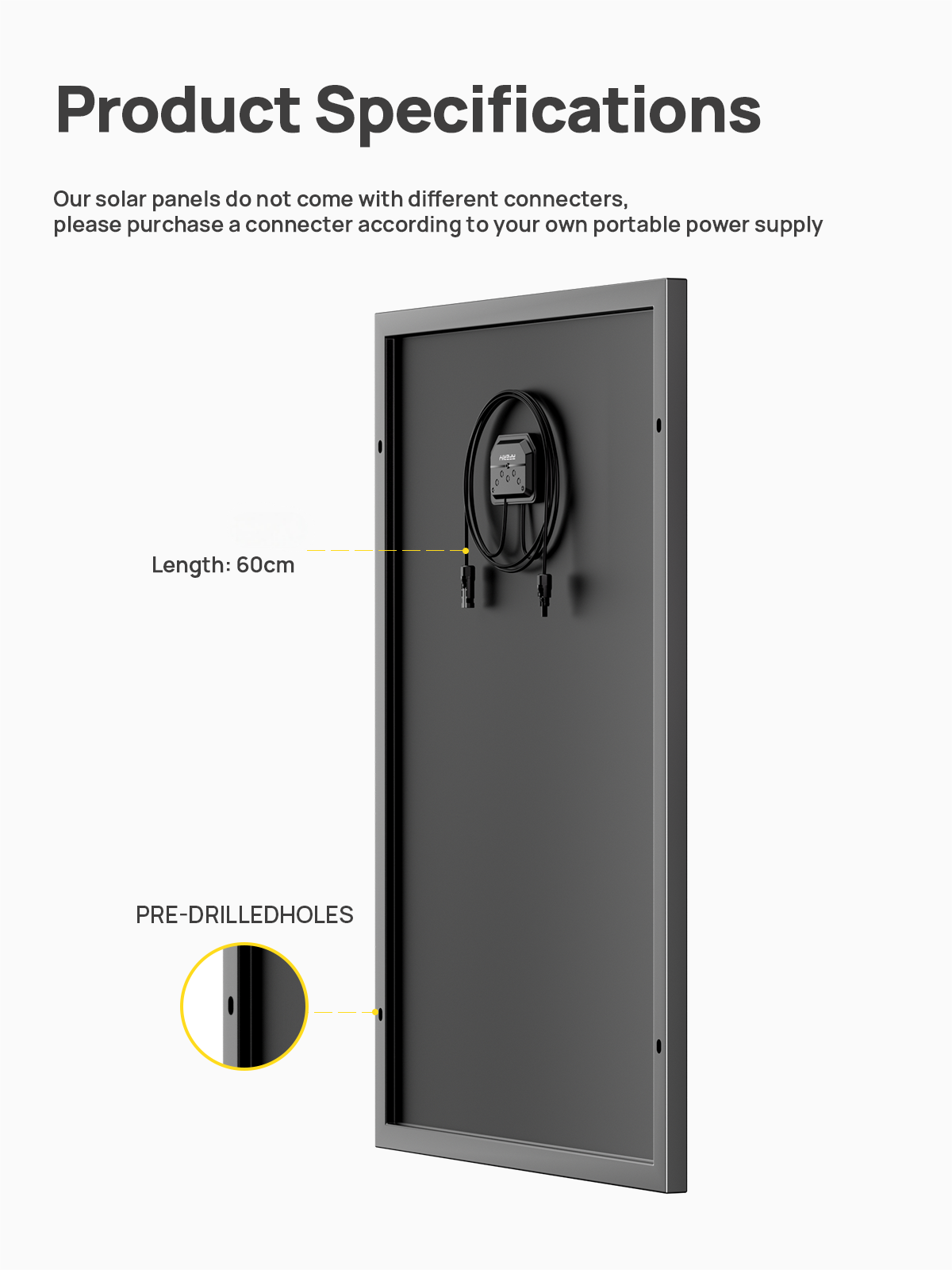 Reverso de un panel solar negro con cables y conectores, longitud 60cm.