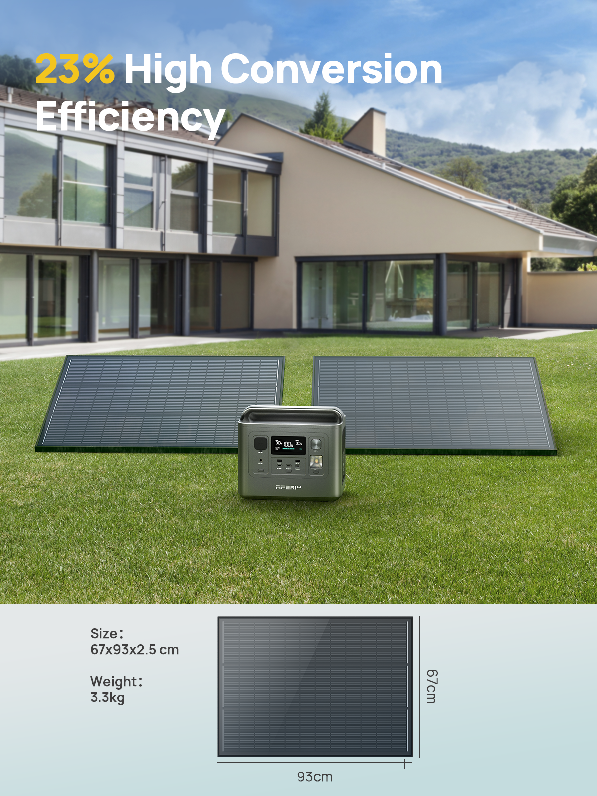 Estación de energía portátil y panel solar frente a una casa.