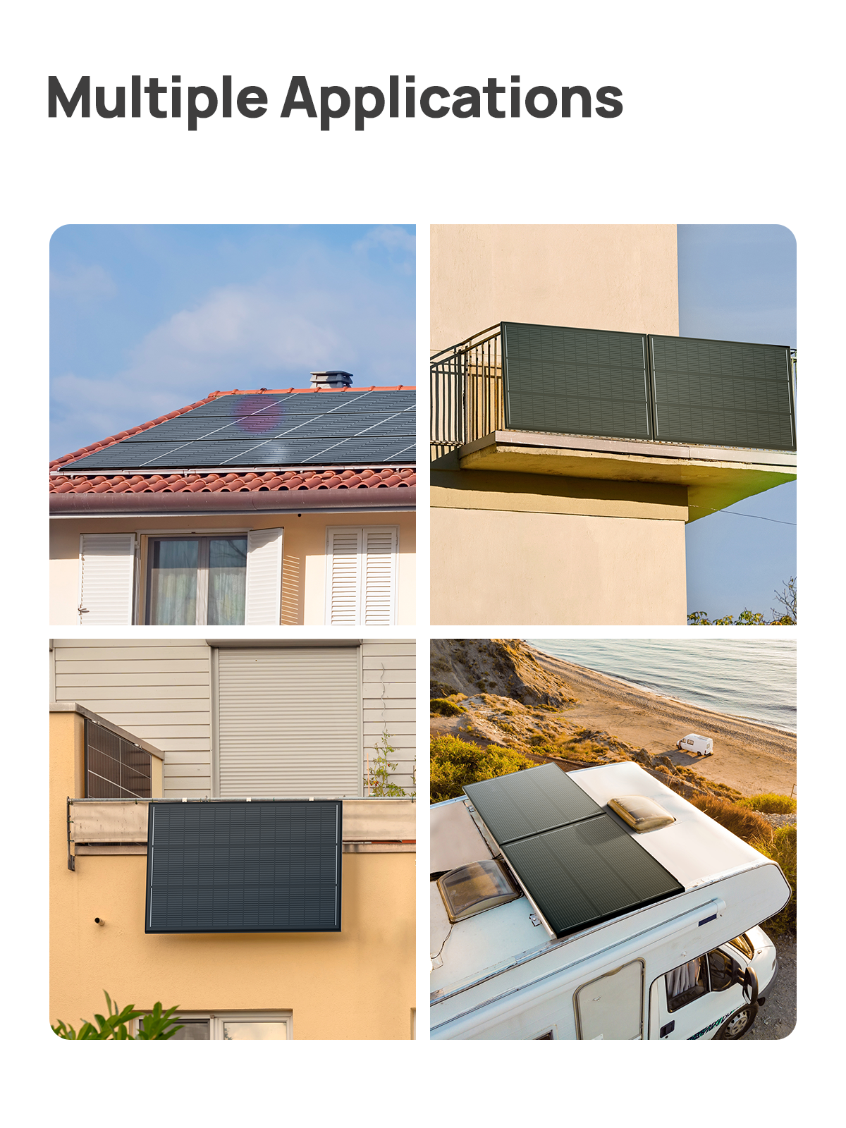 Paneles solares en tejado, balcón, pared y autocaravana.
