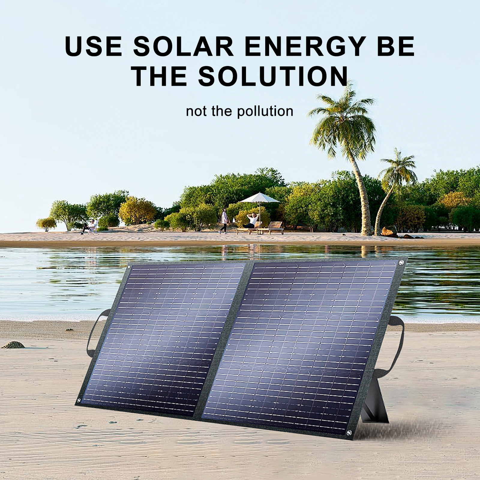 Un panel solar en la playa frente a agua tranquila y árboles verdes.