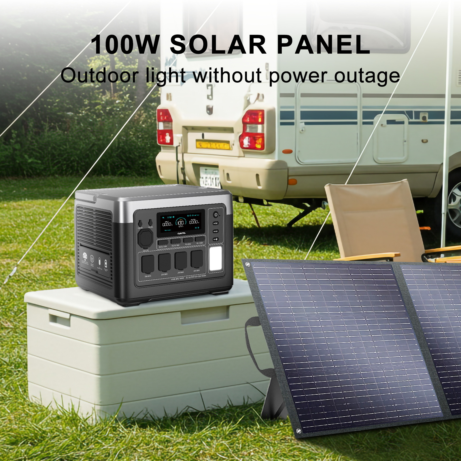 Una central eléctrica portátil y un panel solar junto a una caravana al aire libre.
