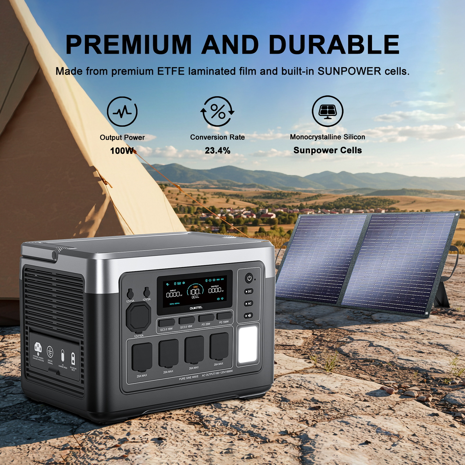 Una estación de energía portátil y dos paneles solares al aire libre con paisaje montañoso.