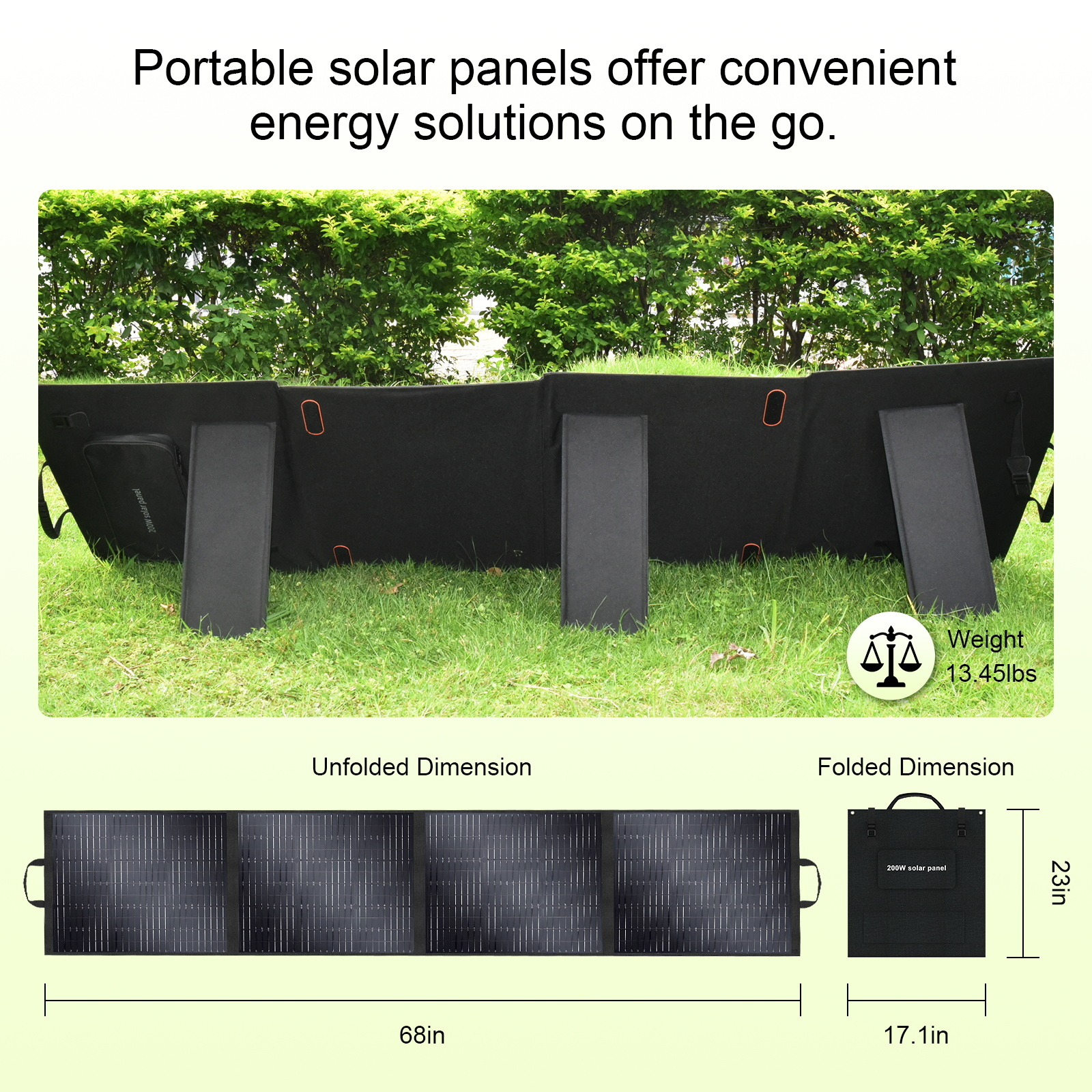 Un panel solar negro desplegado con soportes sobre césped, con dimensiones.