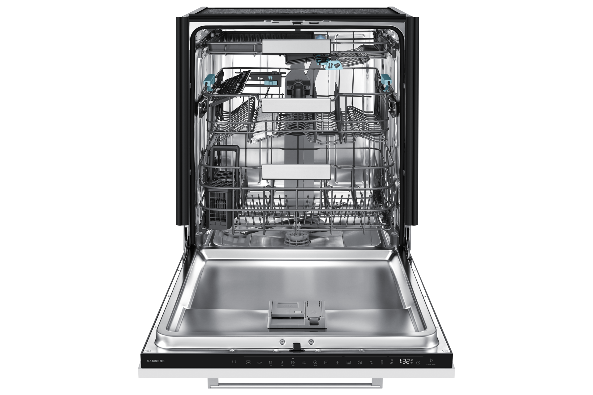 Lavastoviglie aperta in acciaio inox con due cestelli e controlli digitali.