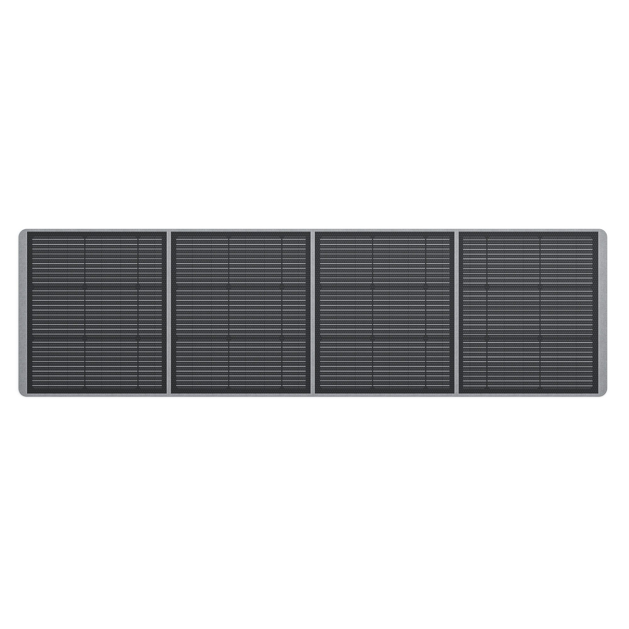 Un felpudo negro, rectangular y alargado con cuatro segmentos y marco gris.