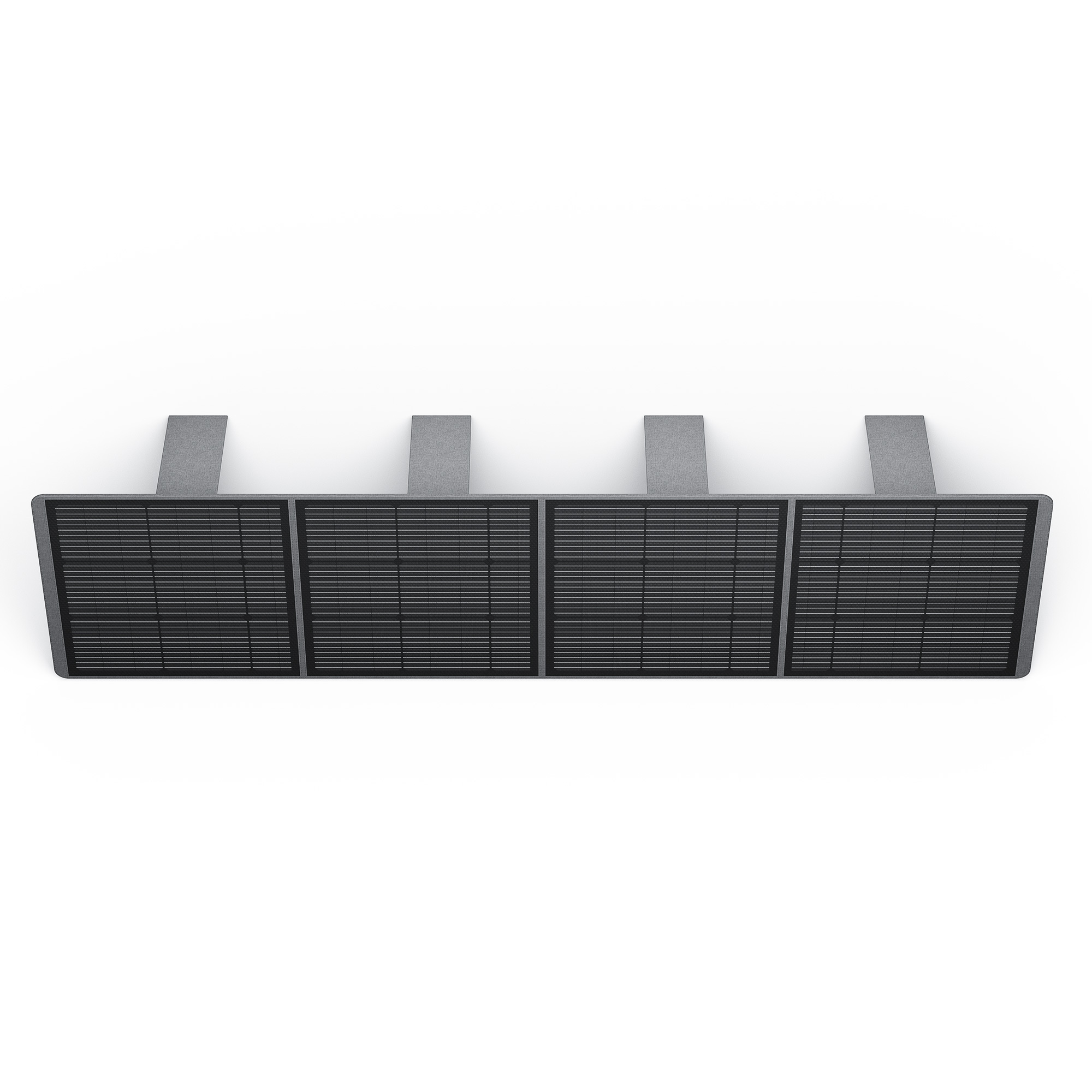 Un calentador radiante moderno y rectangular con cuatro paneles de lamas negras y soportes grises.