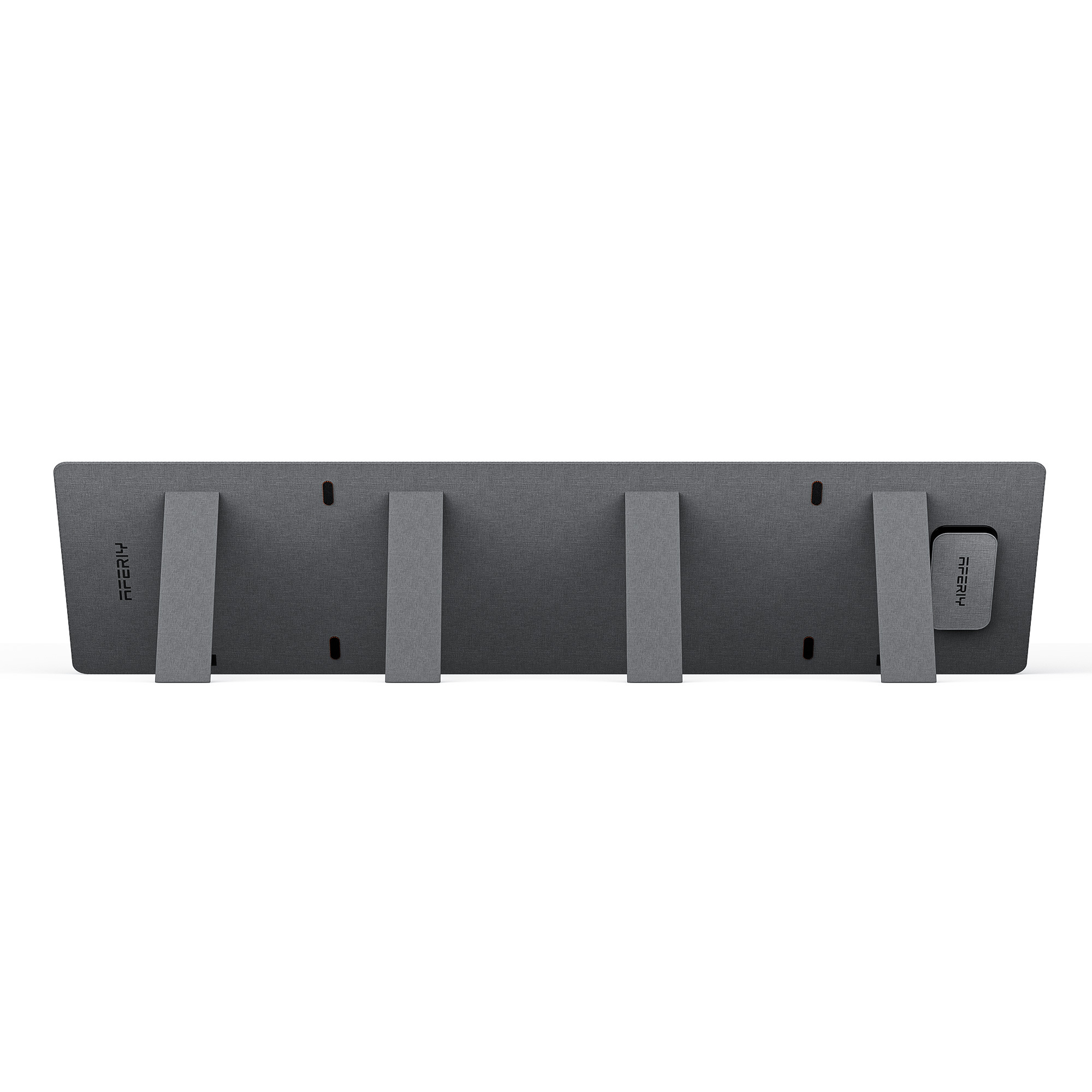 Reverso de un dispositivo gris con soportes y logo.