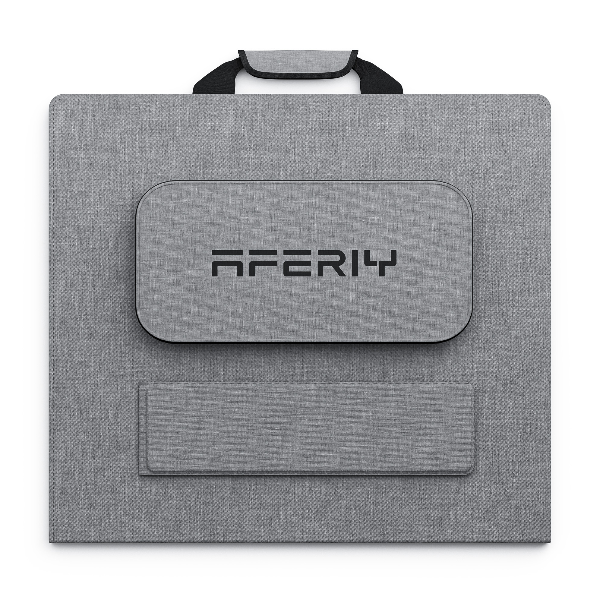 Funda de tela gris con logo negro y asa en la parte superior.