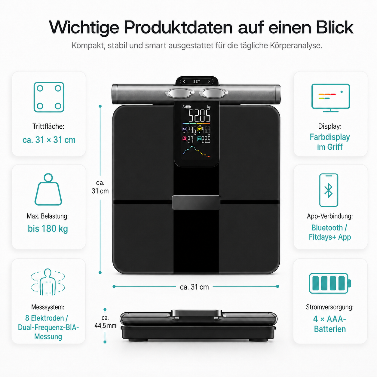 Eine schwarze Körperanalysewaage mit Display, Trittfläche 31x31 cm, Max. Belastung 180 kg.
