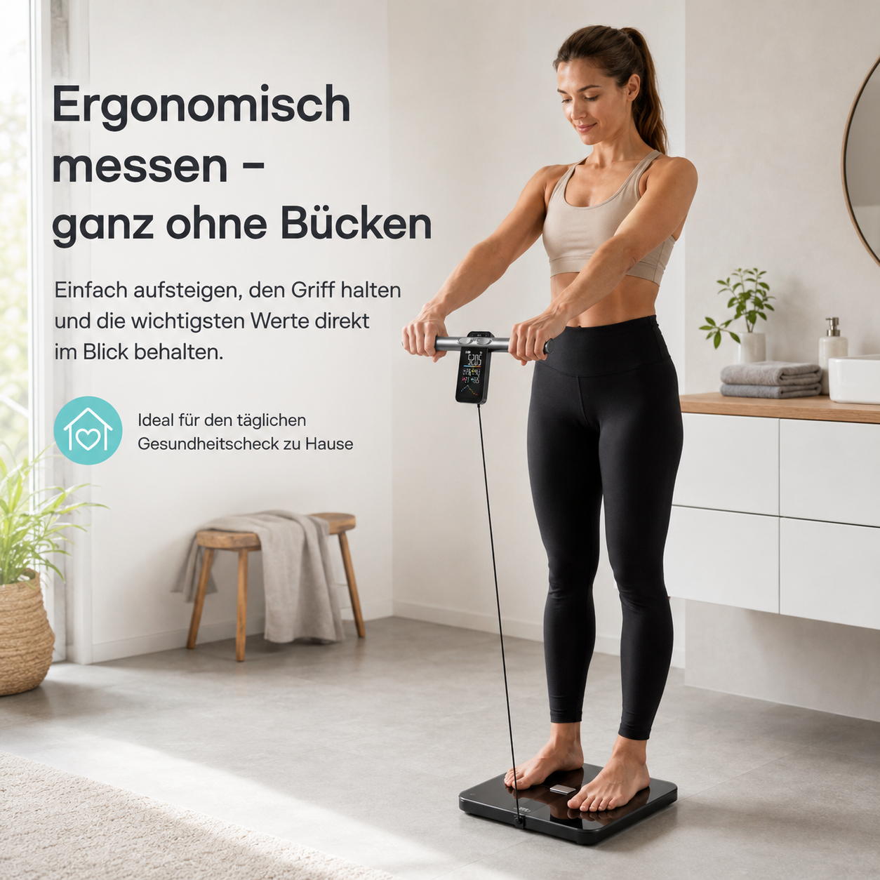 Eine Frau auf einer Körperfettwaage in einem Badezimmer, die den Griff hält.