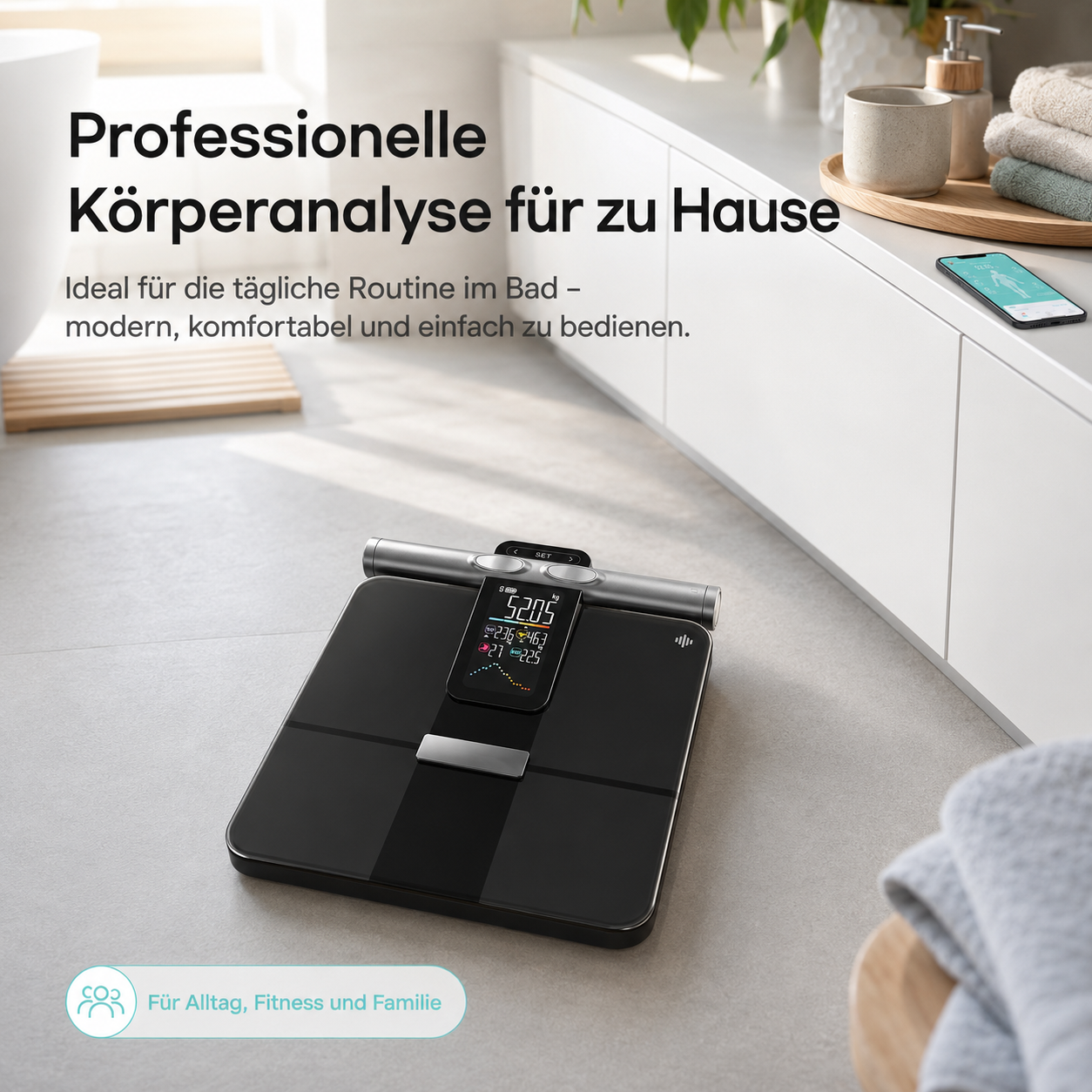 Schwarze Körperanalysewaage mit Display im modernen Badezimmer.