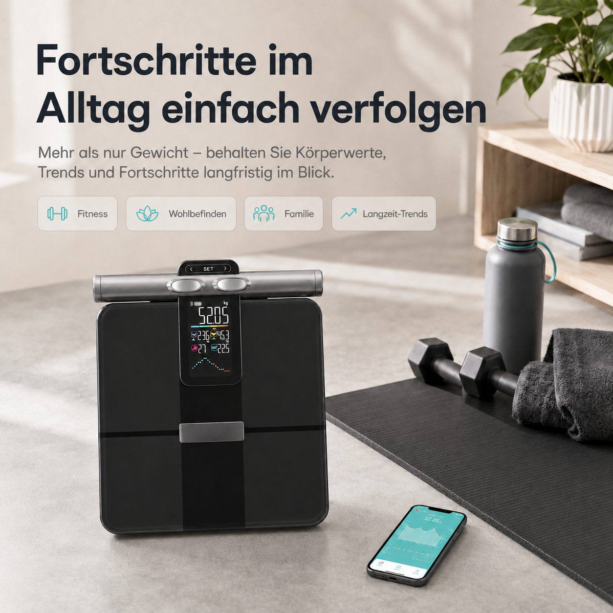 Eine schwarze Körperwaage mit Display, daneben Hanteln, Matte und Wasserflasche.
