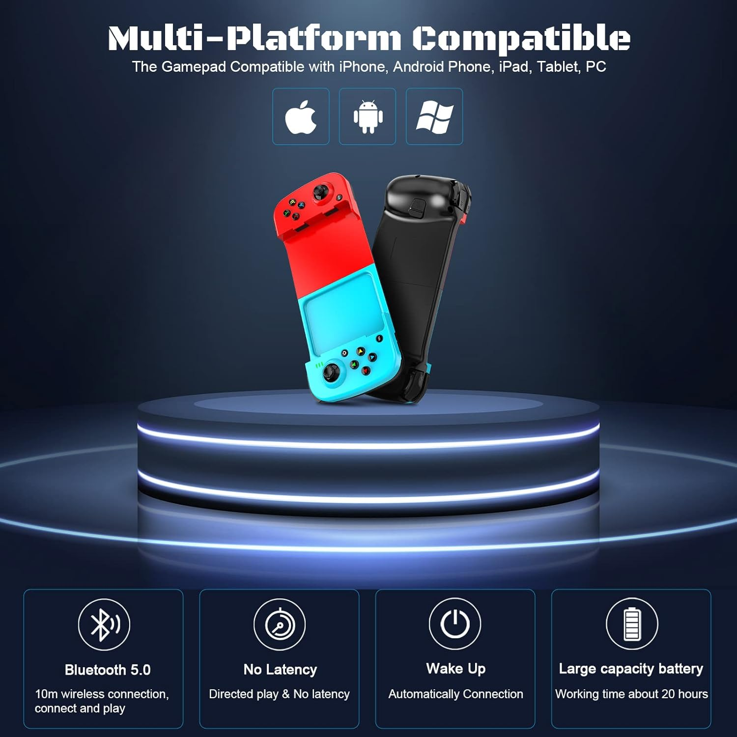 Ein rot-blauer Gamecontroller mit Symbolen für Bluetooth, keine Latenz, Aufwachen, Akku.