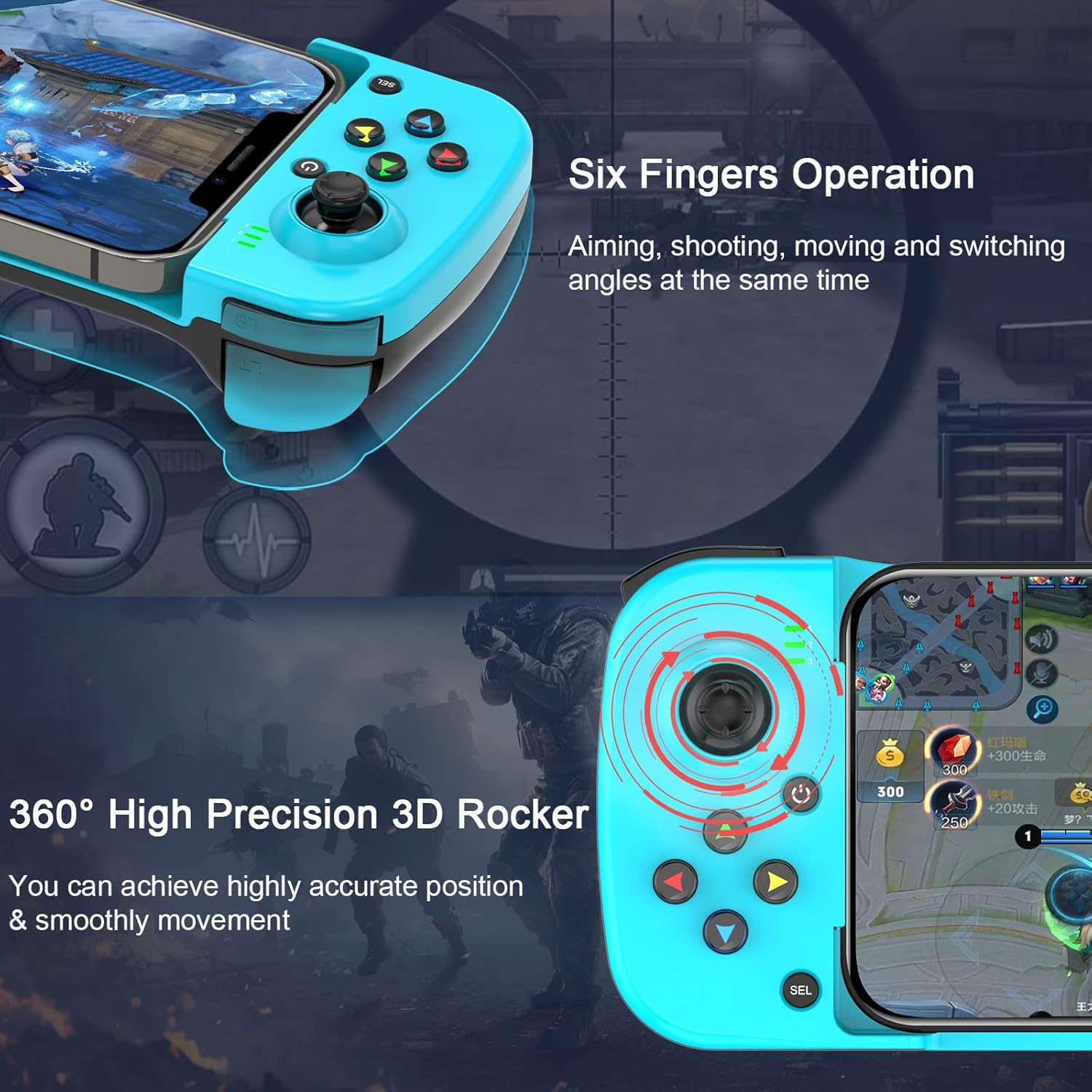 Ein blauer Handy-Controller mit Joysticks und Knöpfen, der ein Spiel zeigt.
