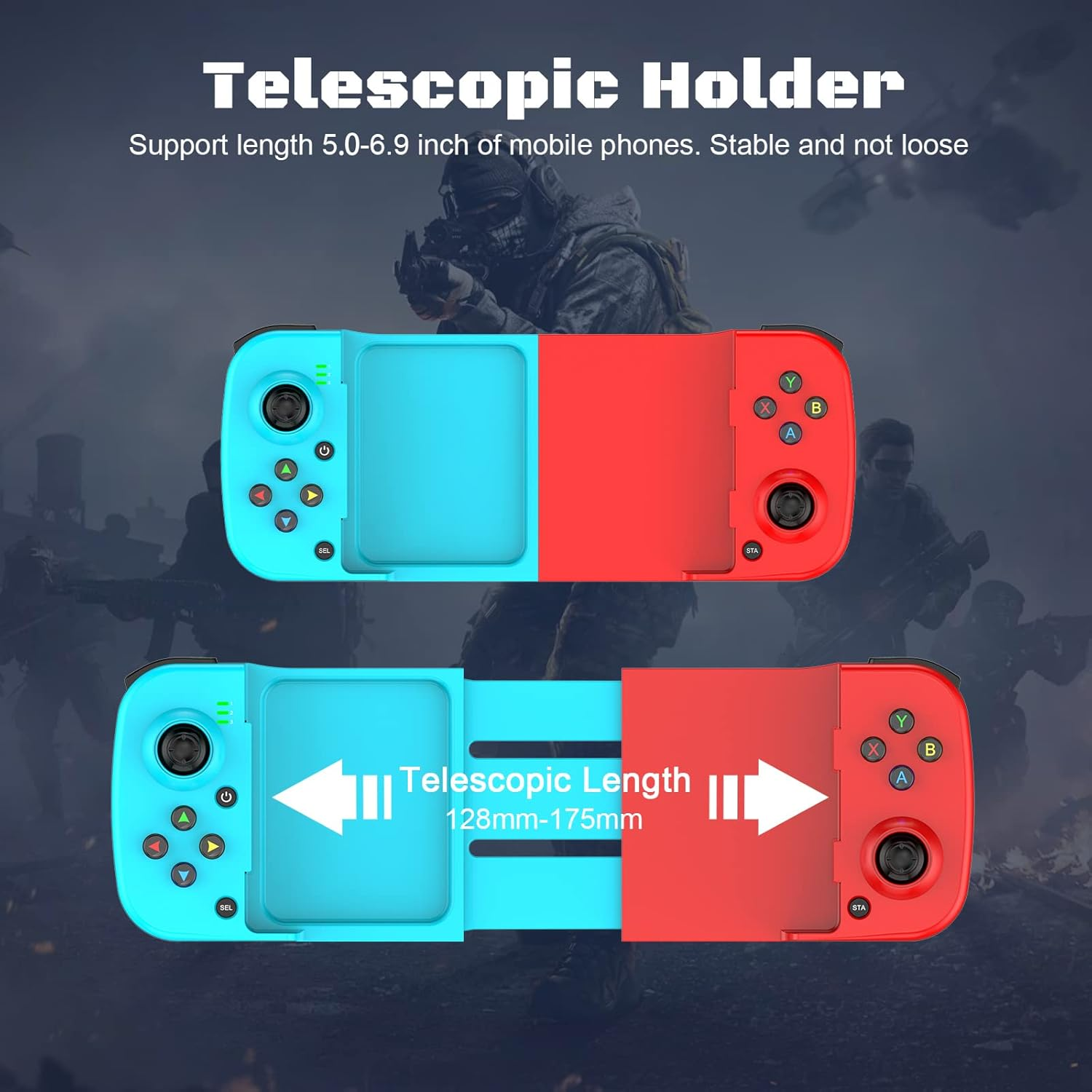 Teleskop-Handyhalterung, blau und rot, mit Bedienelementen und Längenangabe.
