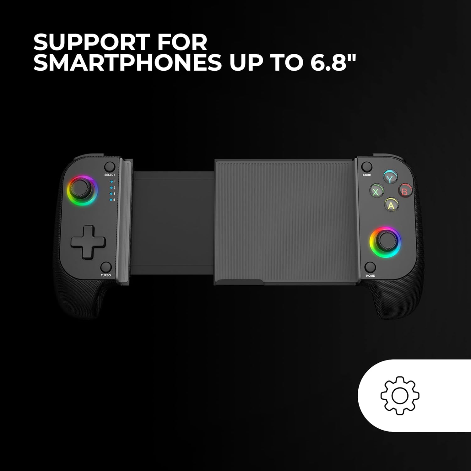 Schwarzer Smartphone-Controller mit Regenbogen-RGB-Beleuchtung und Tasten.