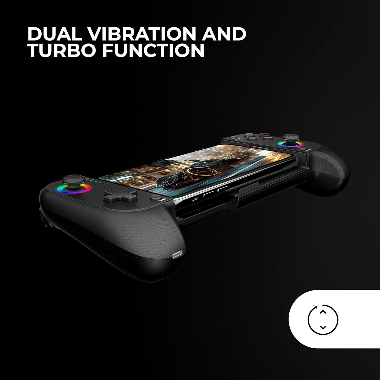 Ein schwarzer Controller mit einem Smartphone hält ein Spiel. Dual Vibration Turbo Funktion.