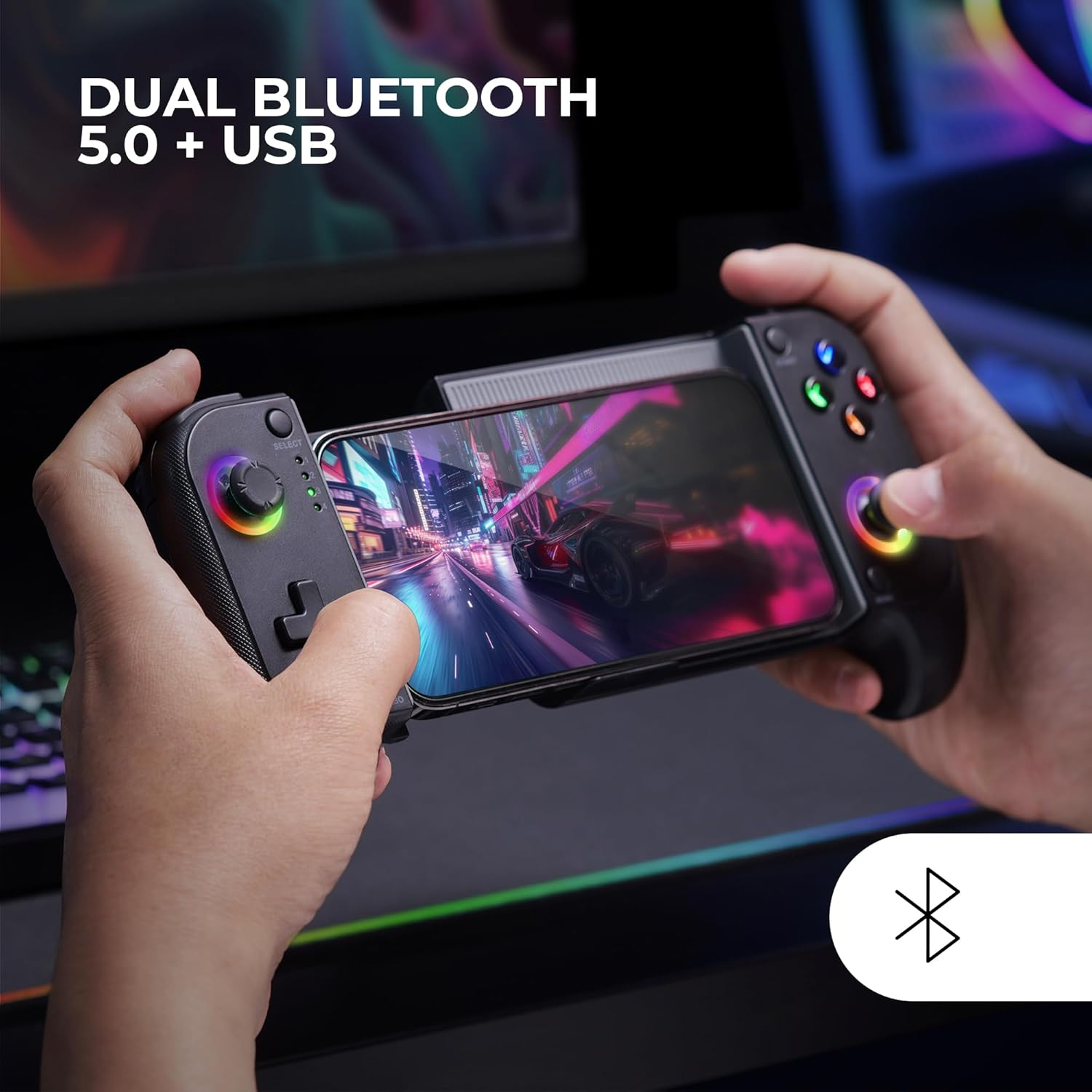 Hände halten ein Handy in einem Controller. Dual Bluetooth 5.0 + USB Text.