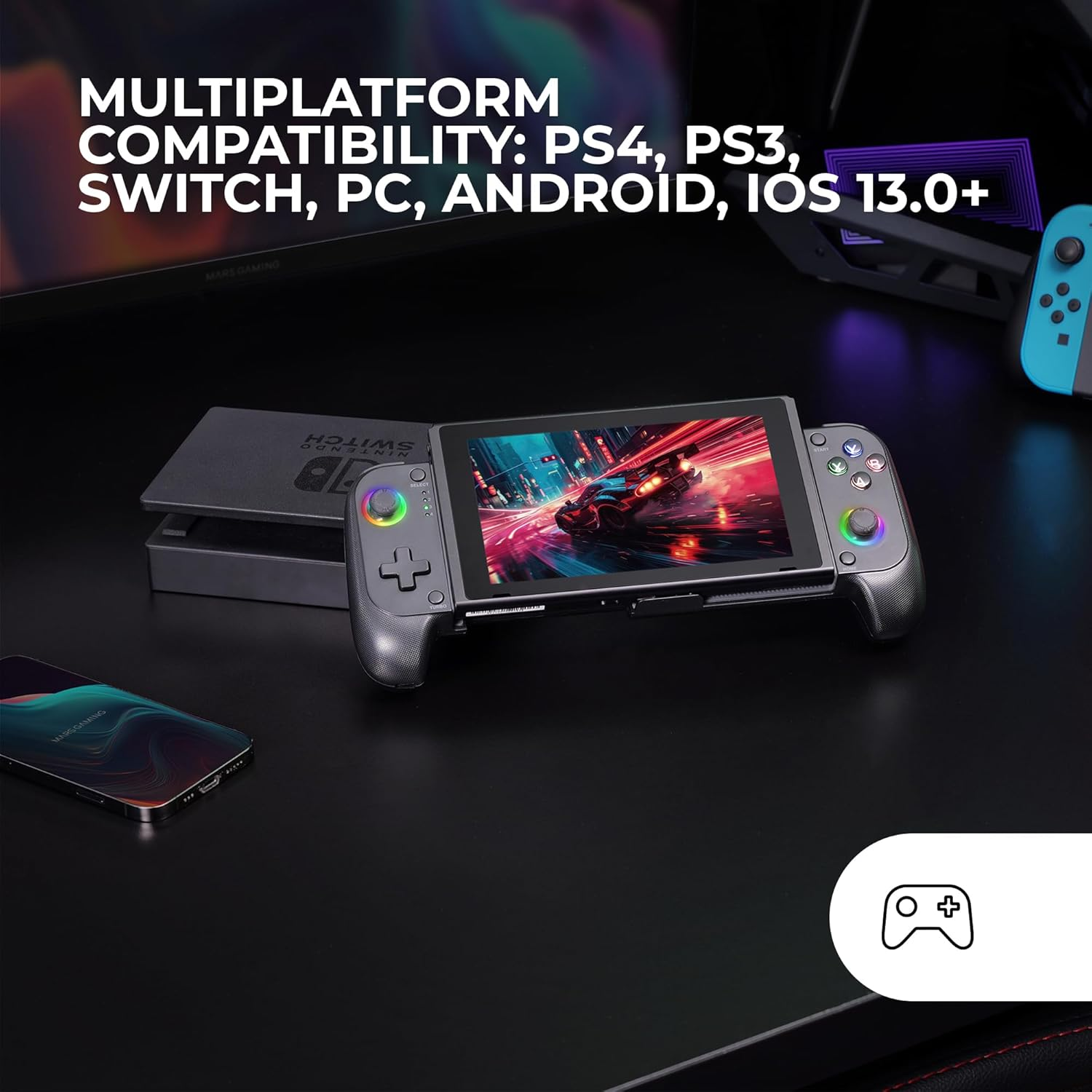 Ein Nintendo Switch mit Controller und Smartphone auf schwarzem Tisch.