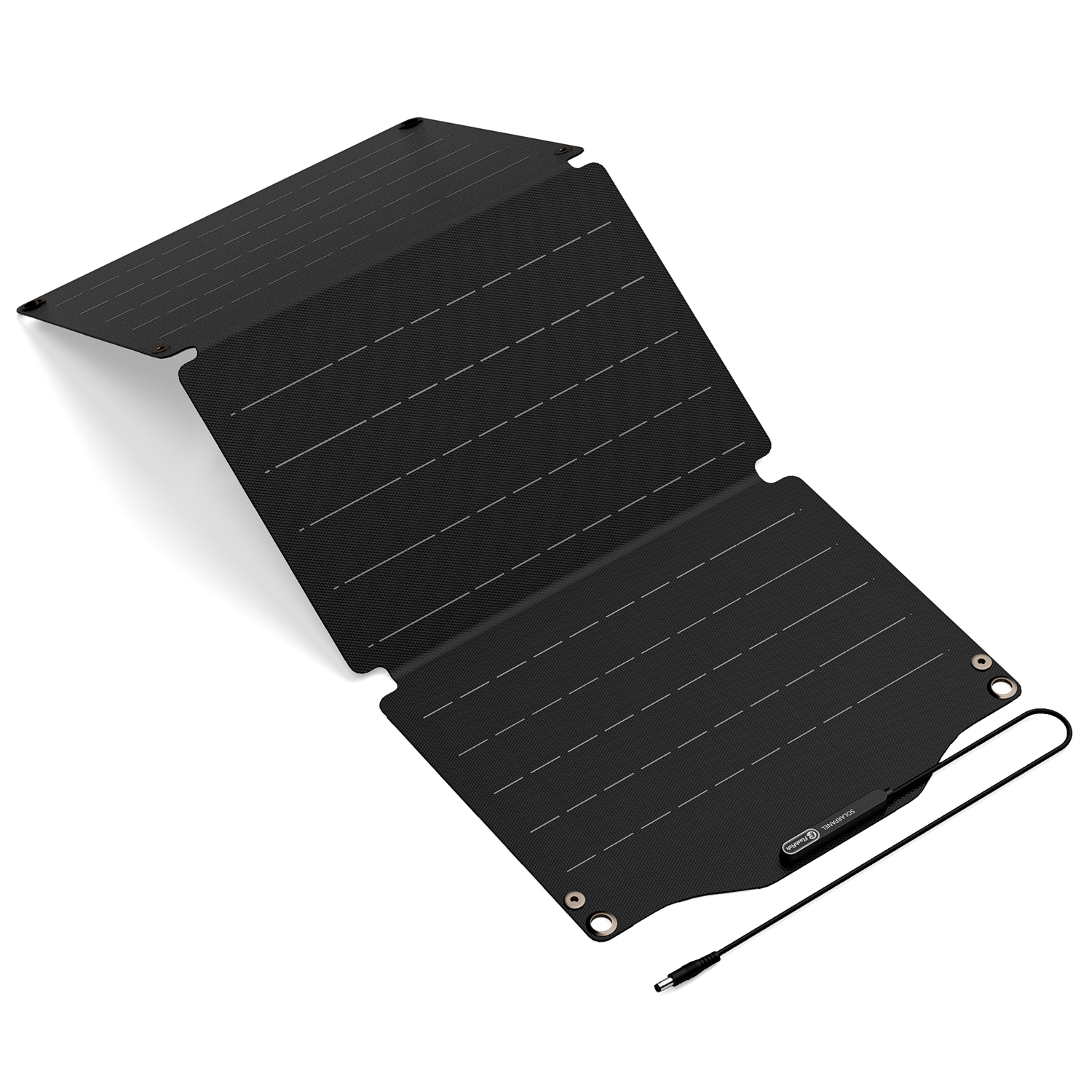 Panel solar plegable negro con cable y enchufe sobre fondo blanco.