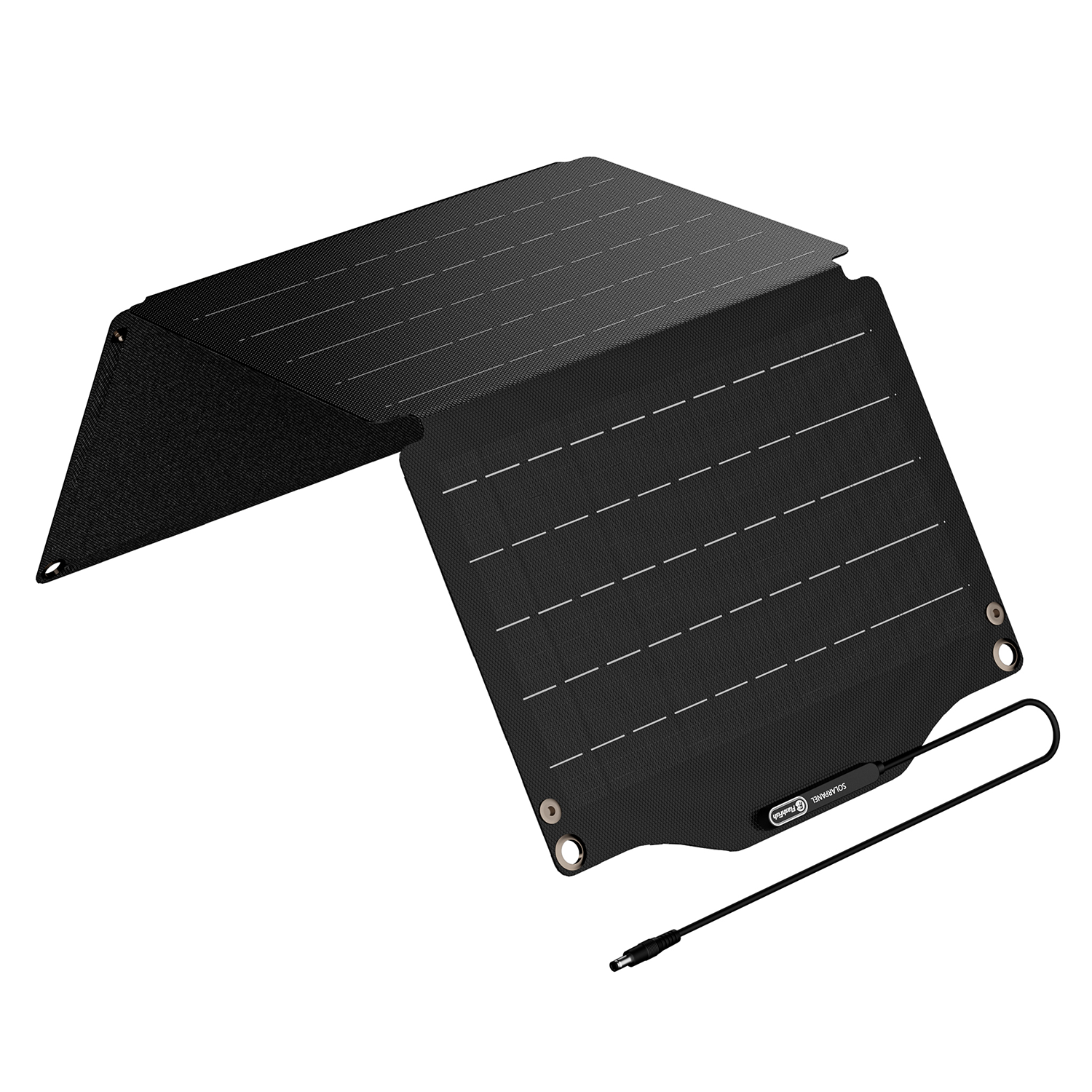 Un panel solar plegable negro con líneas blancas y un cable negro con conector.