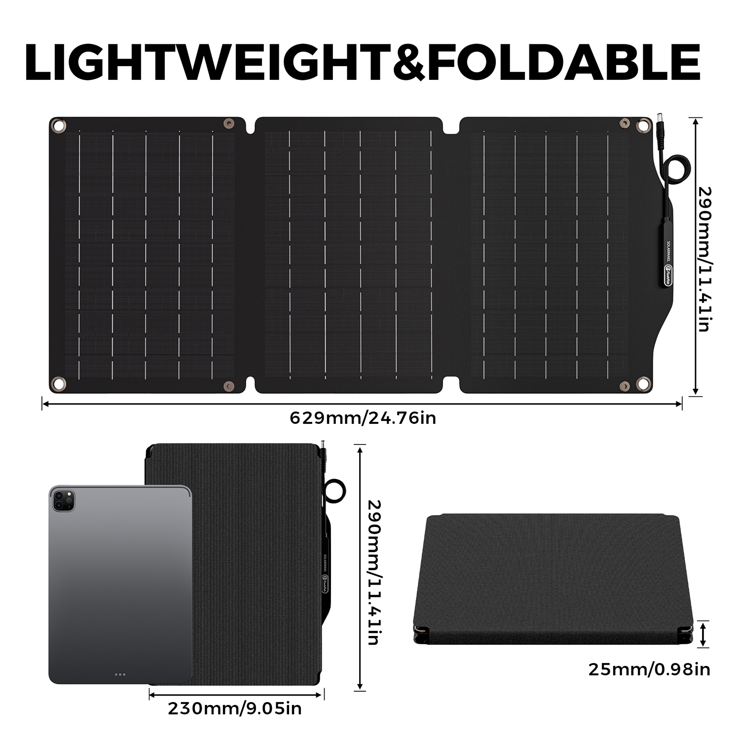 Panel solar plegable negro, tableta y panel plegado que se muestran con dimensiones.