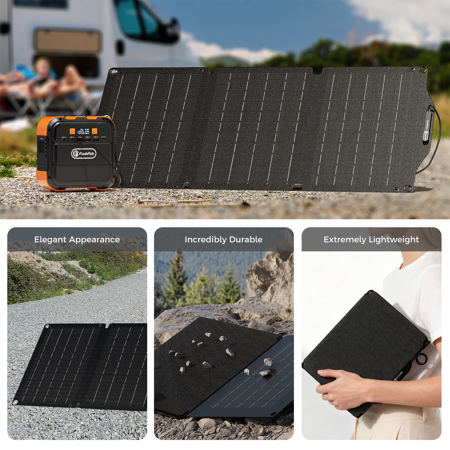 Estación de energía naranja y panel solar negro al aire libre cerca de una autocaravana.