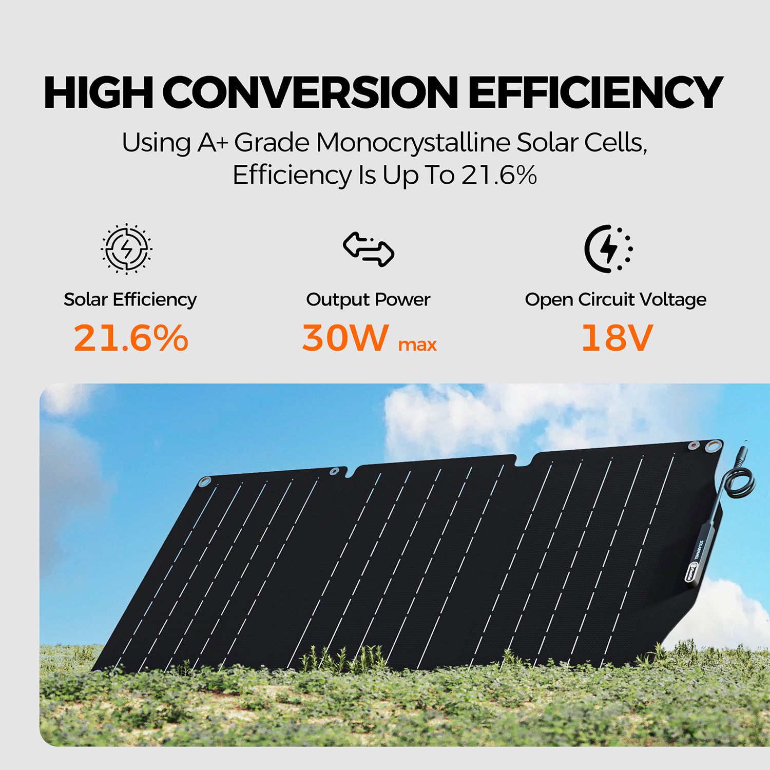 Panel solar negro al aire libre con cielo azul y vegetación verde.