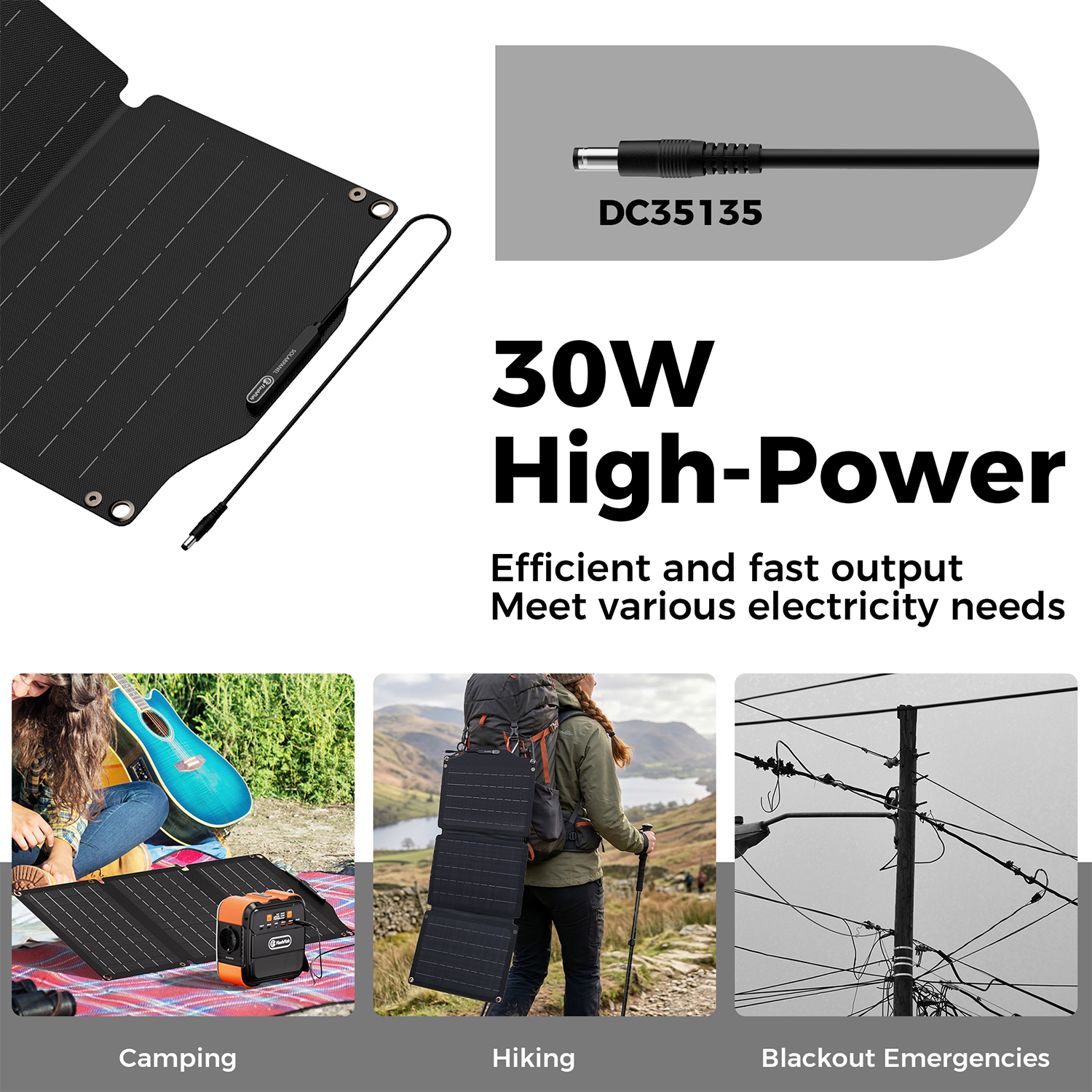 Panel solar negro con cable, conector DC35135, camping, senderismo, apagón.
