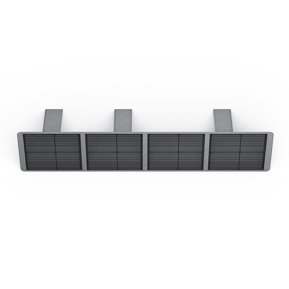 Un dispositivo rectangular gris con cuatro paneles oscuros y tres soportes superiores.