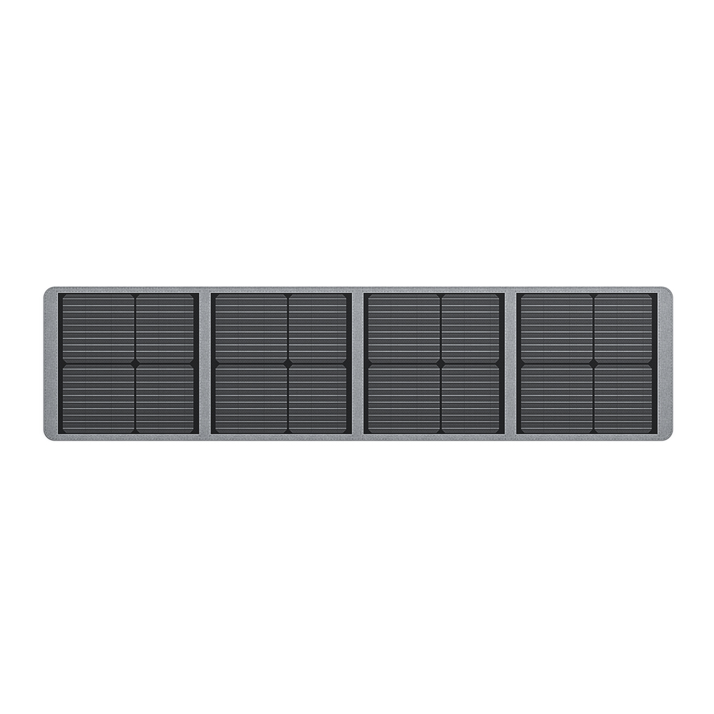 Un panel solar estrecho y gris con cuatro módulos oscuros y segmentados.