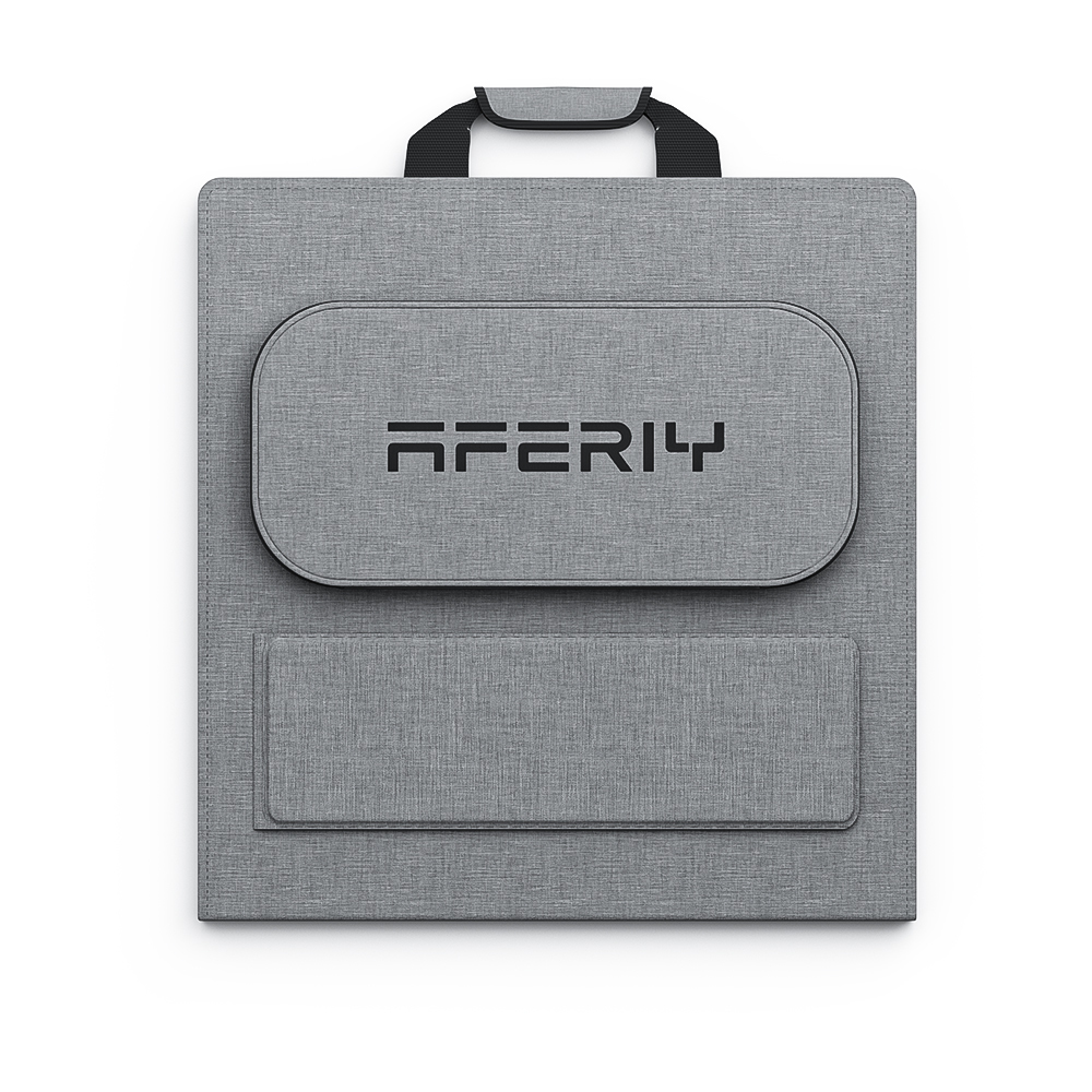 Bolsa gris para portátil con asa negra y logo de marca.