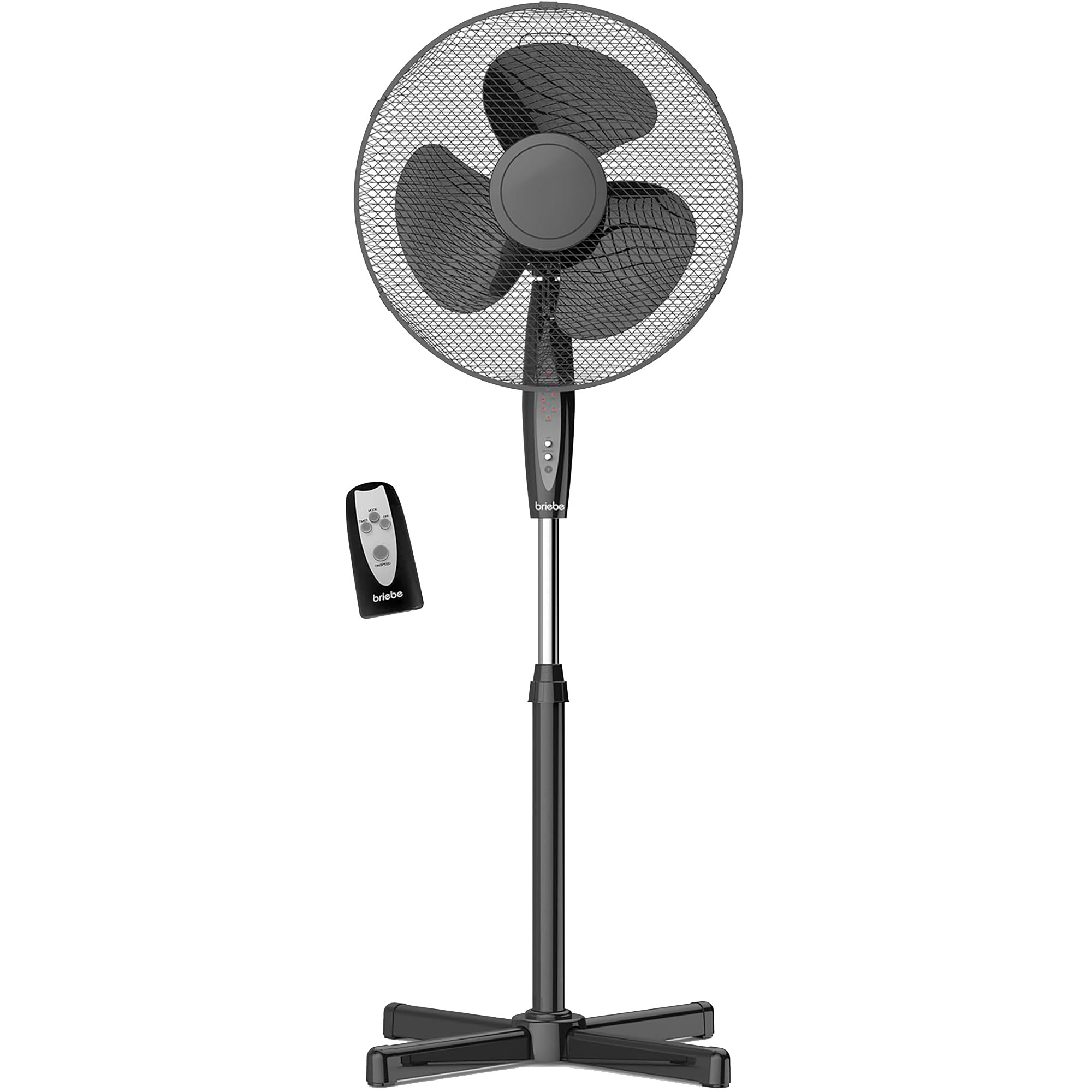 Un ventilador de pie negro con mando a distancia sobre fondo blanco.