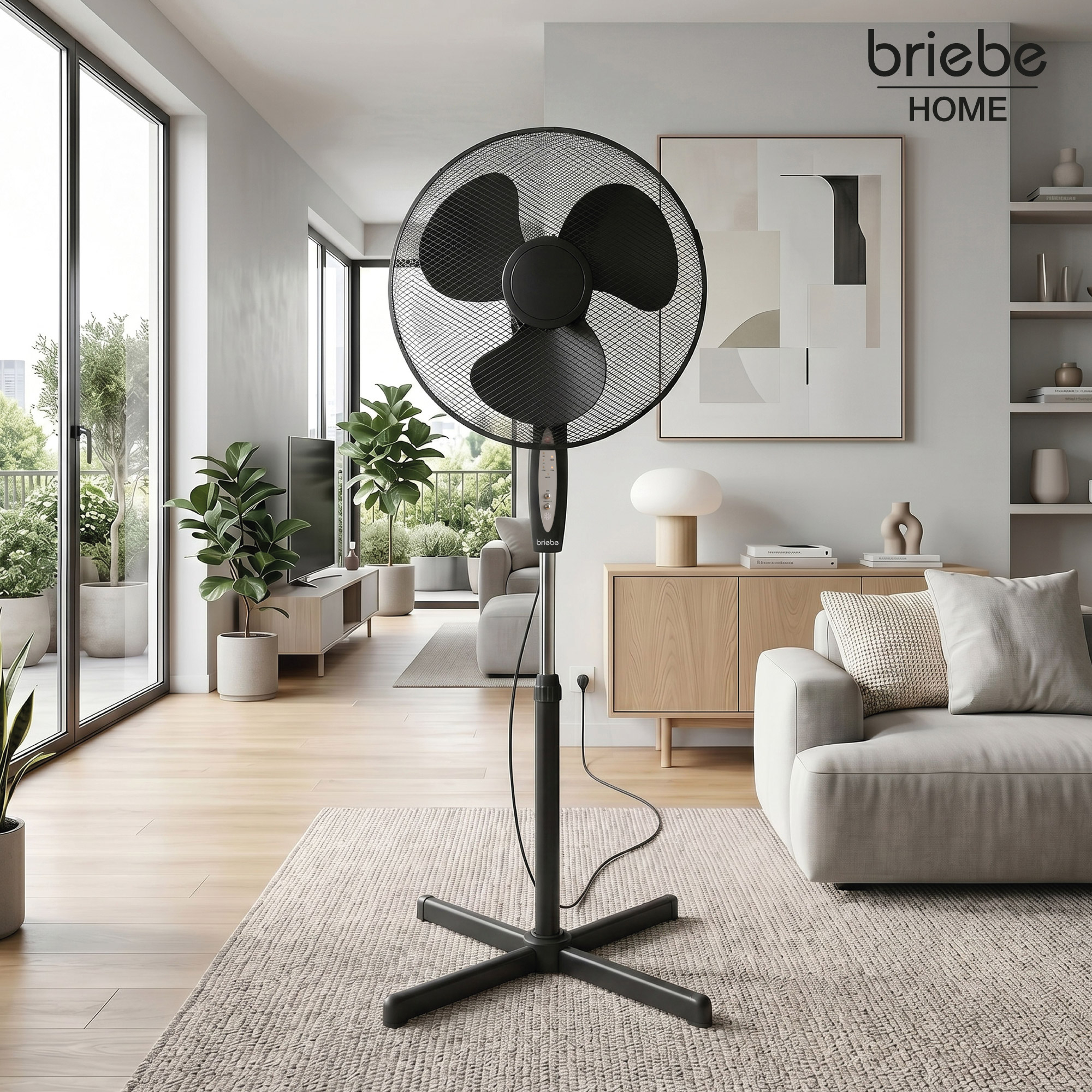 Un ventilador de pedestal negro se encuentra en una sala de estar moderna con grandes ventanales y plantas.