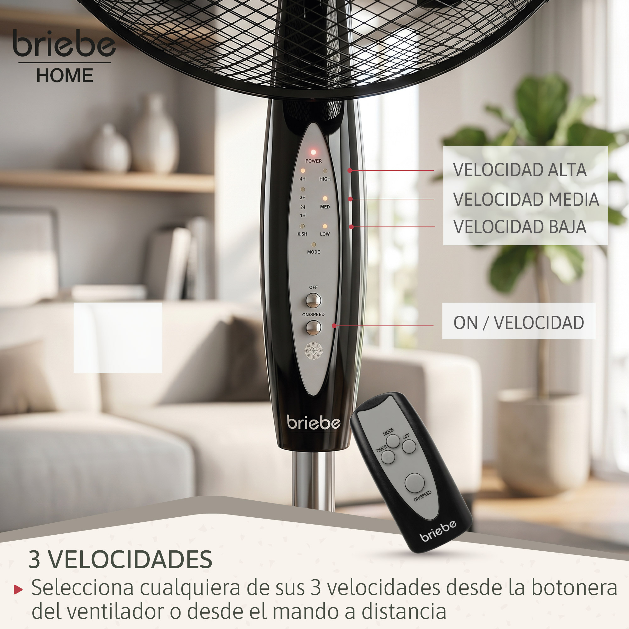 Ventilador de pie con mando a distancia, mostrando ajustes de velocidad y temporizador.