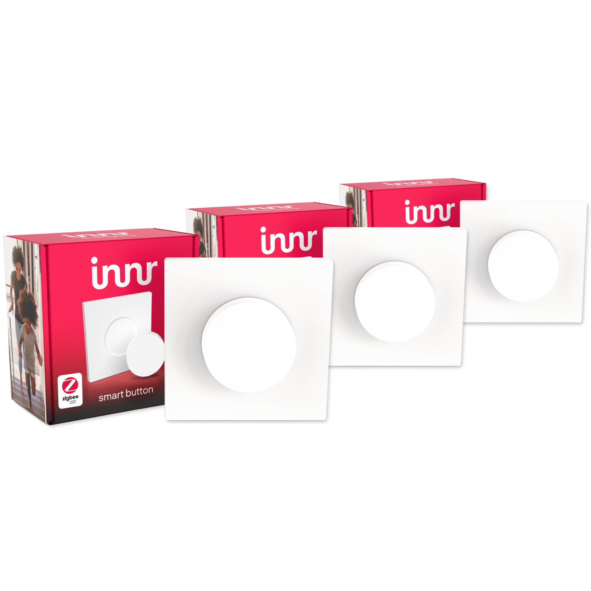 Vier witte vierkante smart buttons met ronde middelpunten, één in een rode doos.