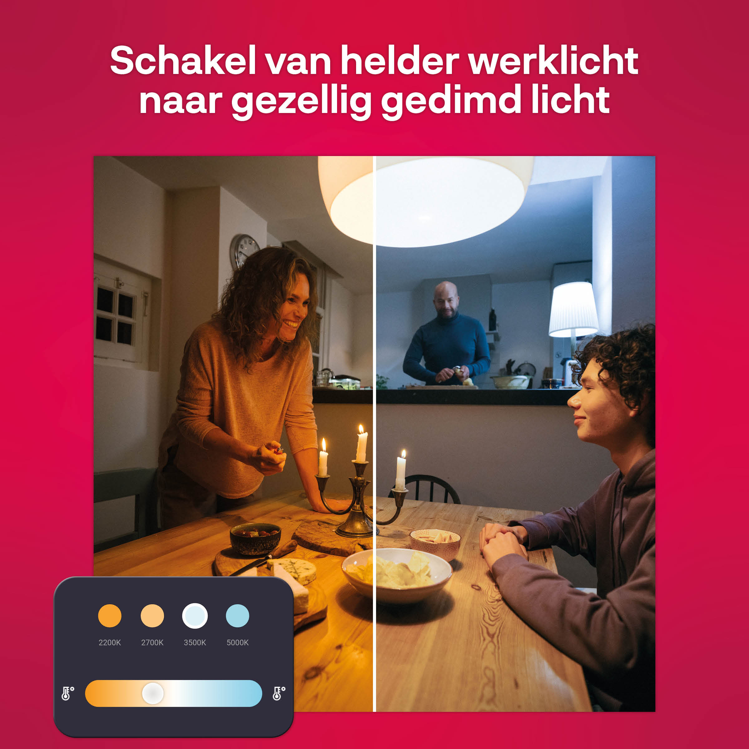 Vergelijking van helder en gedimd licht met mensen aan tafel.